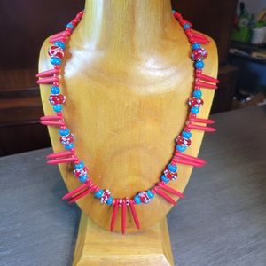 Handmade Red &Turquoise Glass & Ceramic Beaded Necklace 24" Long Fashion Jewelry